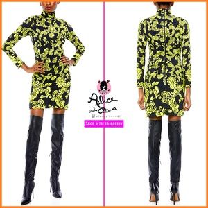 🏷 🆕 Alice + Olivia Delora Turtleneck Floral Black Lime Punch Mini Dress